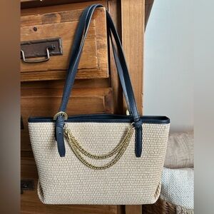 Zac Posen Natural Straw Tote with Navy Trim & Gold Chain